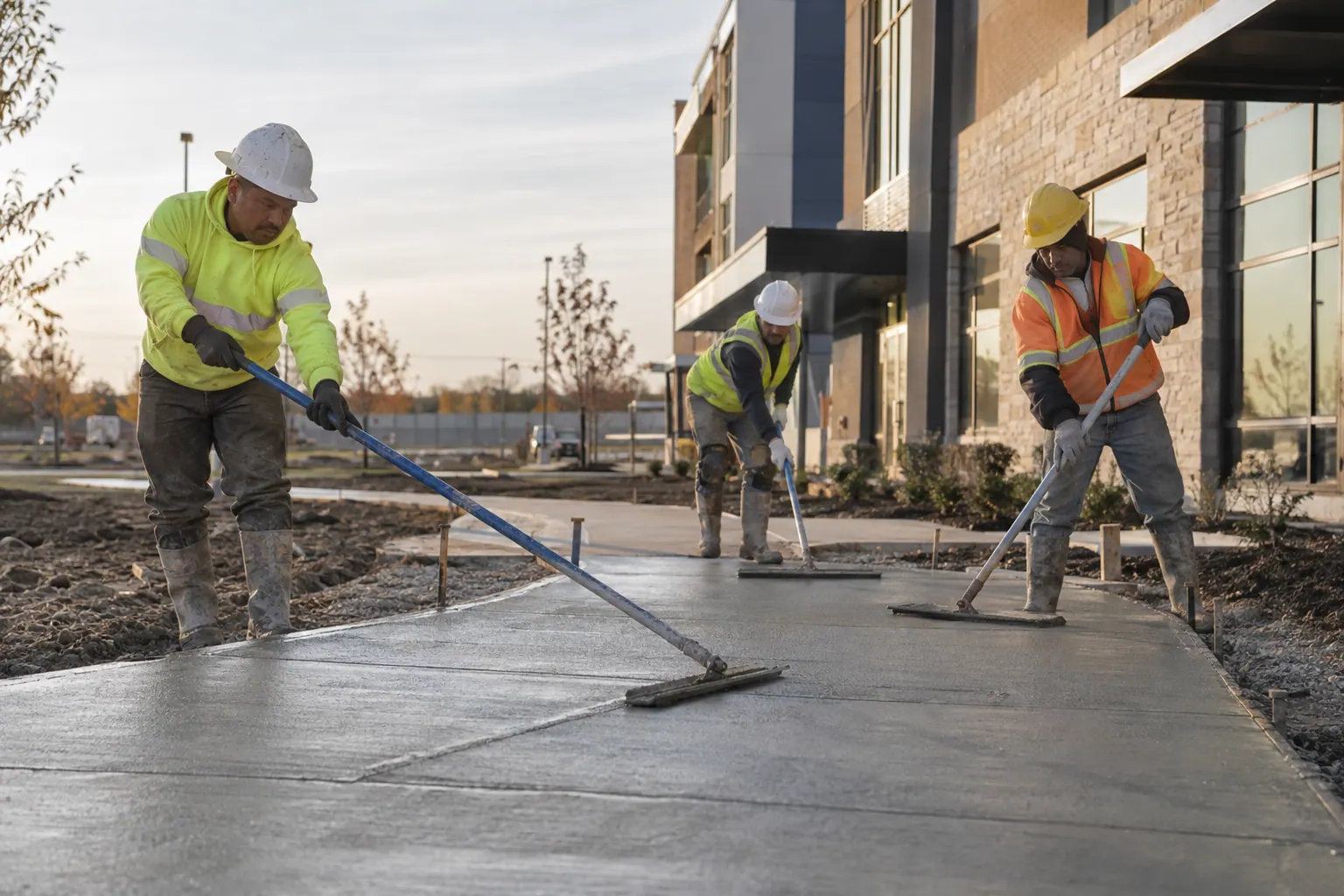 A concrete crew finishing a commercial walkway