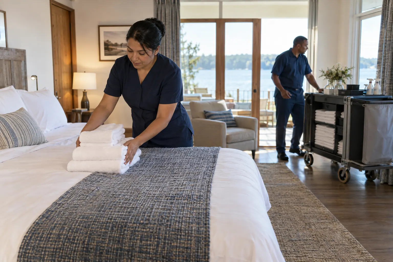 Hospitality staff preparing a guest room at a lakeside property