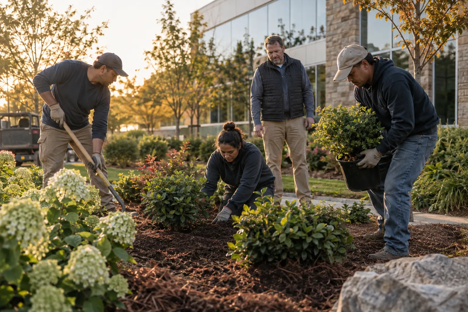 A landscaping crew tending shrubs and commercial grounds