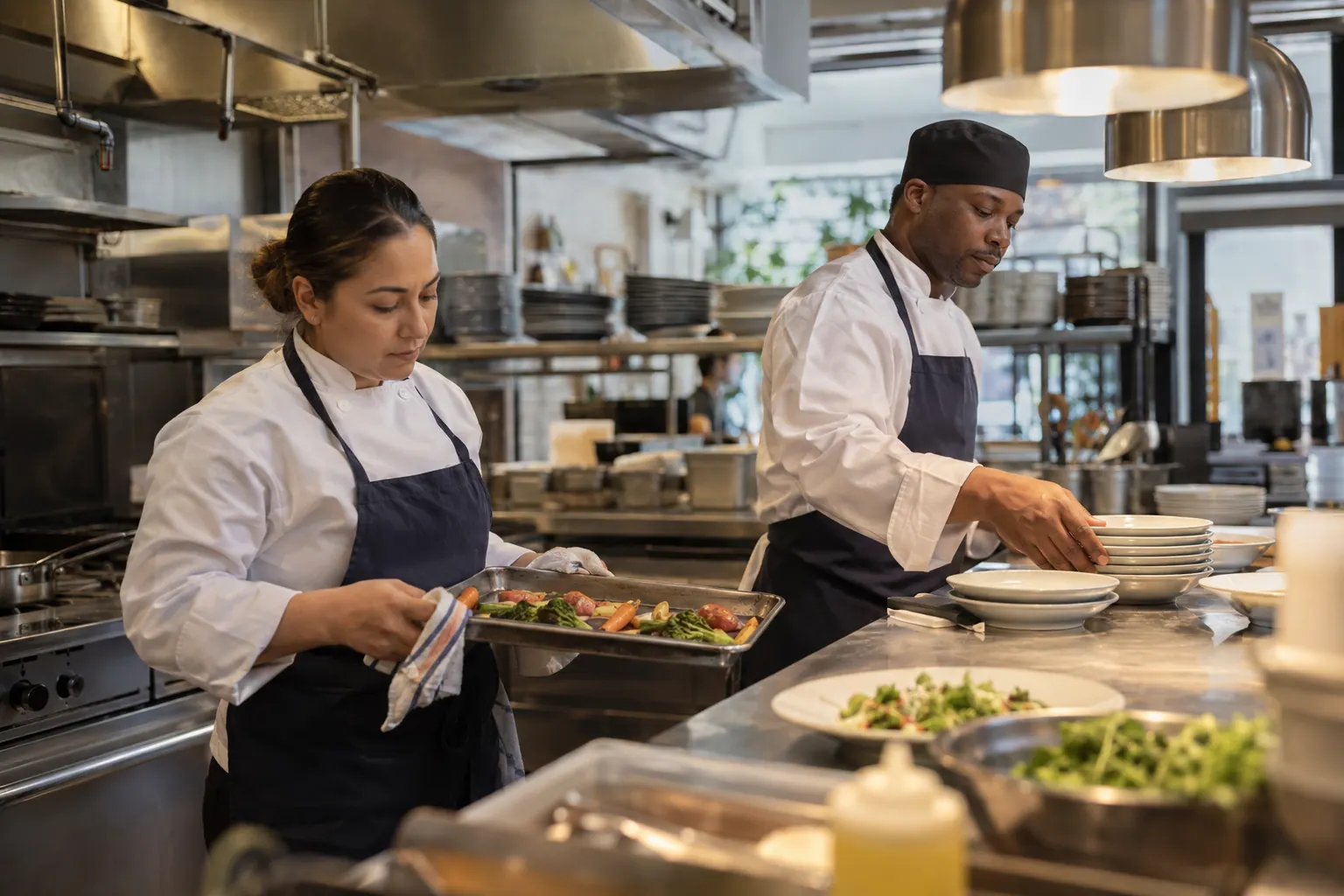 Restaurant kitchen staff preparing for dinner service