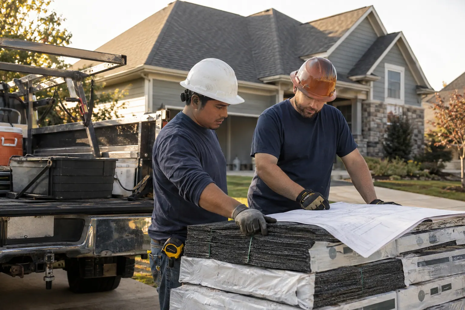 Roofing professionals reviewing plans and shingle materials